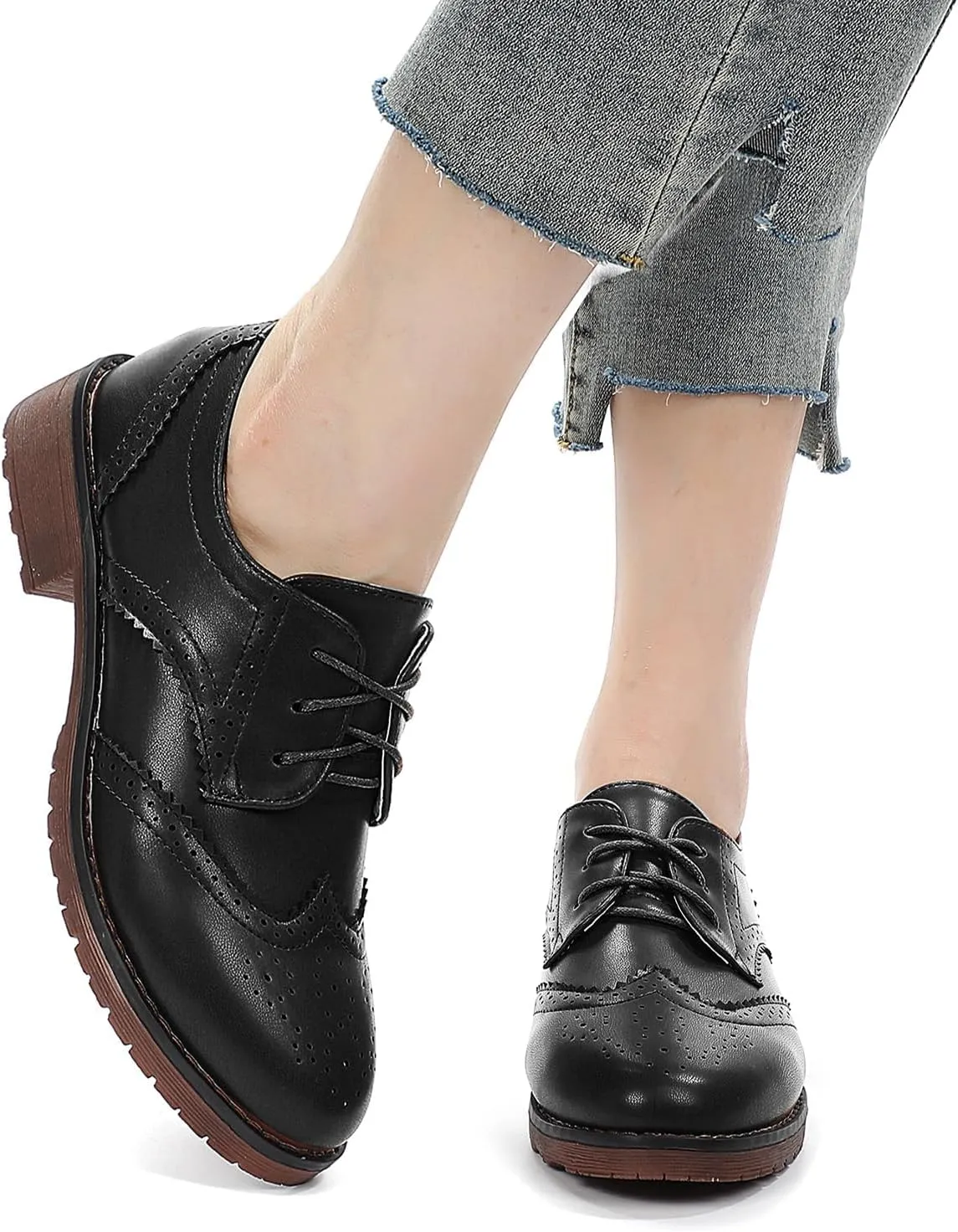 Fashion Women Oxford Shoes Block Heel Lace Up Derby Casual Brogue Shoes Brown Sneaker