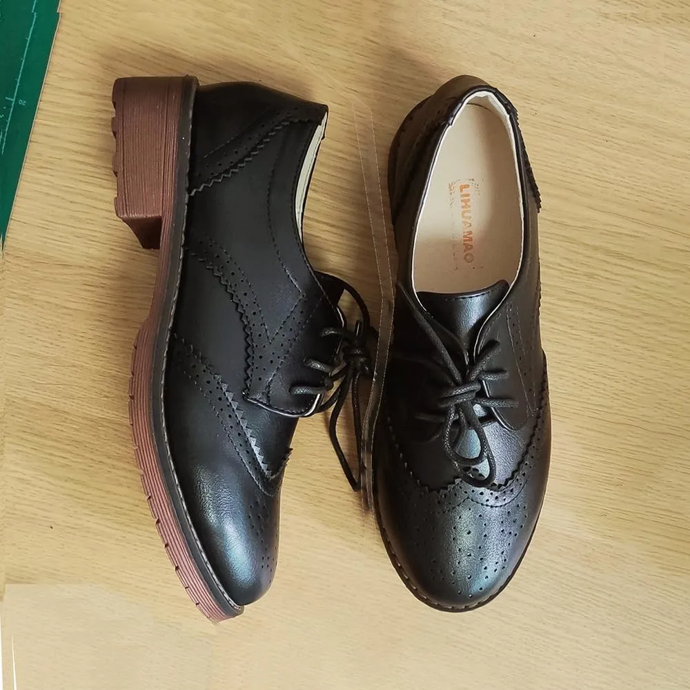 Fashion Women Oxford Shoes Block Heel Lace Up Derby Casual Brogue Shoes Brown Sneaker