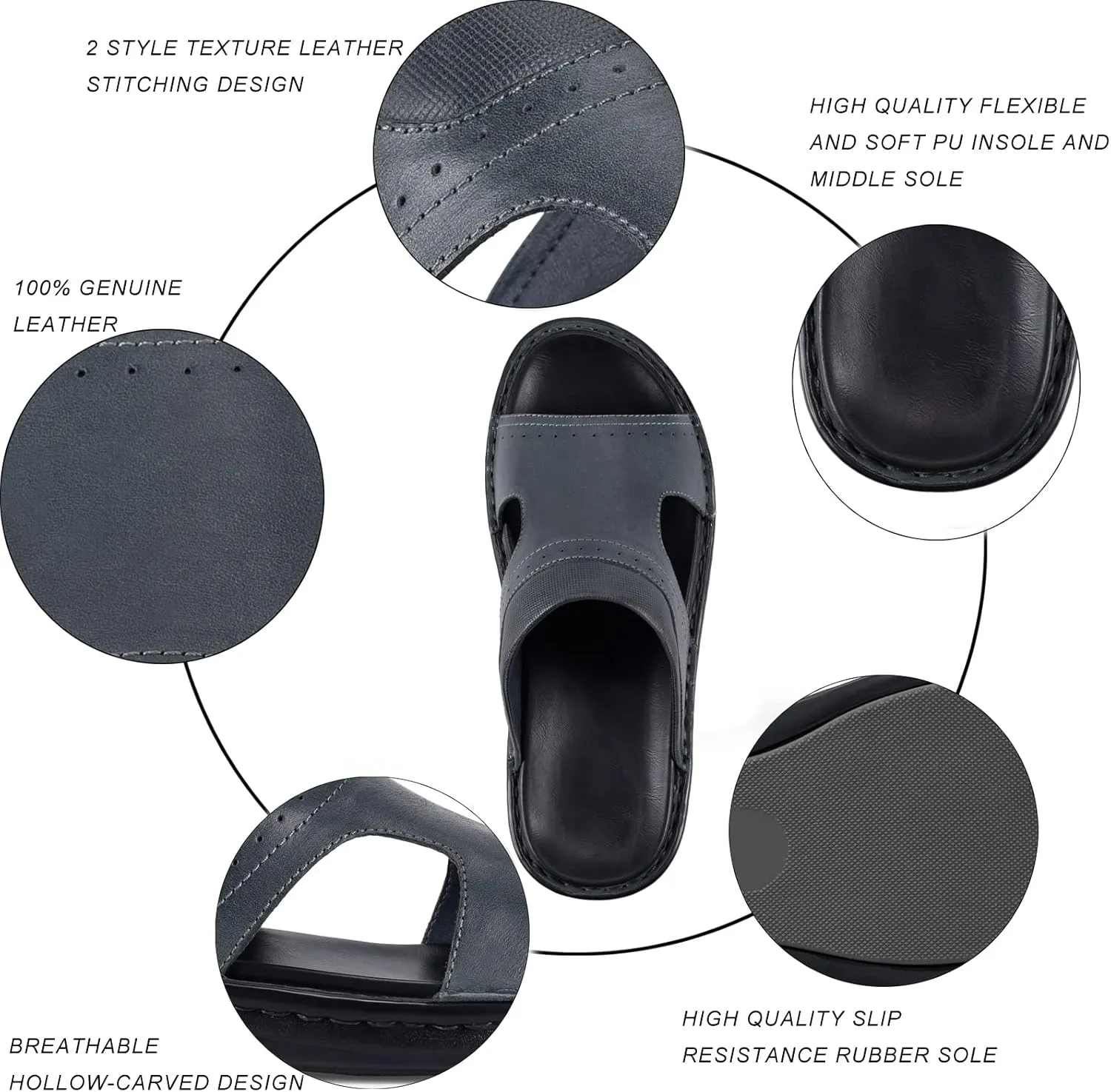 FIEEIF Men's Leather Slides Open Toe Outdoor Slippers Comfort Arch Support Retro Casual Flip Flops Summer Fisherman Slip On Sandals for Men