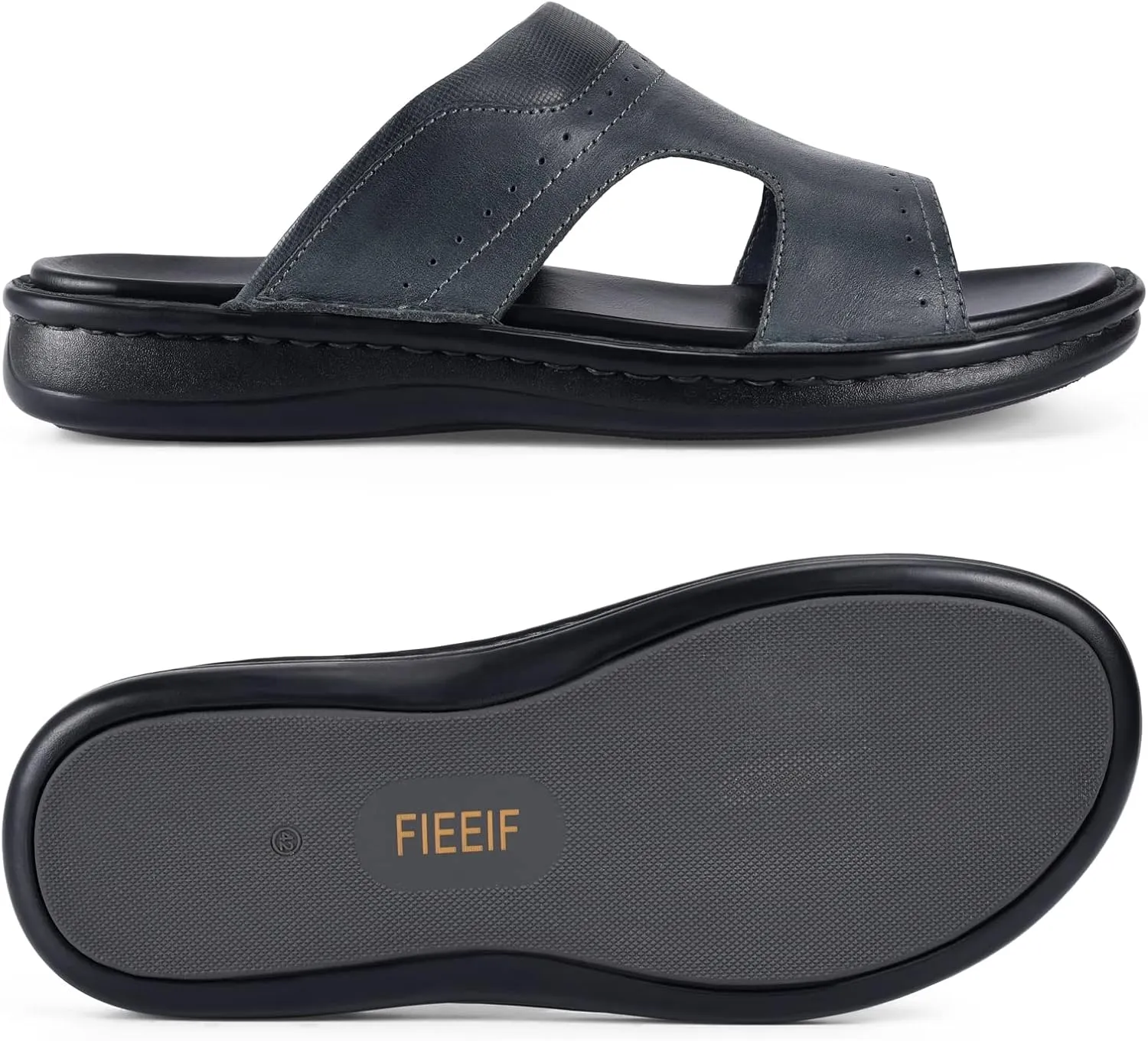 FIEEIF Men's Leather Slides Open Toe Outdoor Slippers Comfort Arch Support Retro Casual Flip Flops Summer Fisherman Slip On Sandals for Men
