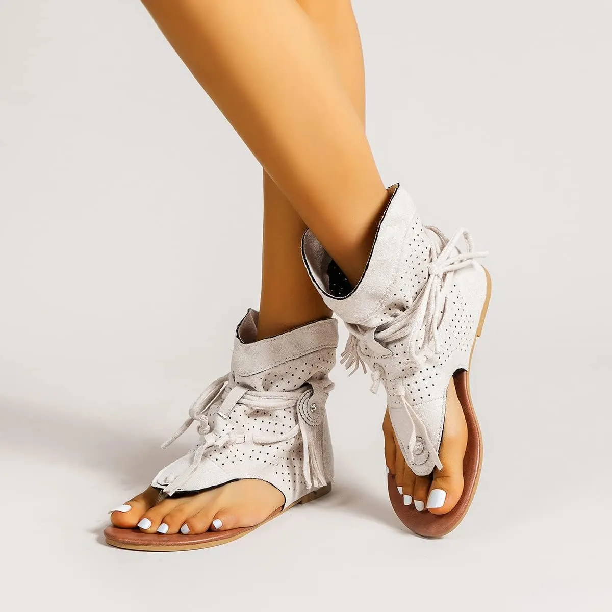 Flat Tassel Gladiator Sandals for Women Casual Summer Bohemian Back Strappy Fringe Sandals Dressy Flip Flops Thong Sandals