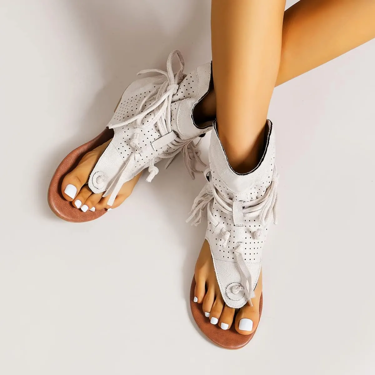 Flat Tassel Gladiator Sandals for Women Casual Summer Bohemian Back Strappy Fringe Sandals Dressy Flip Flops Thong Sandals