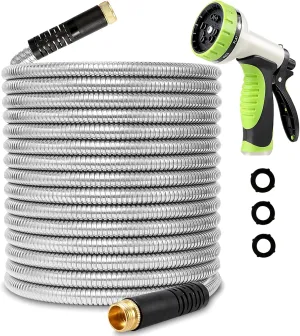 Flexible Metal Garden Hose 50ft-Heavy Duty Water Hose with Durable 304 Stainless Steel and 10 Way Spray Nozzle-Strong 3/4'' Solid Brass Fitting-Outdoor Yard No Kink Lightweight Hose Pipe