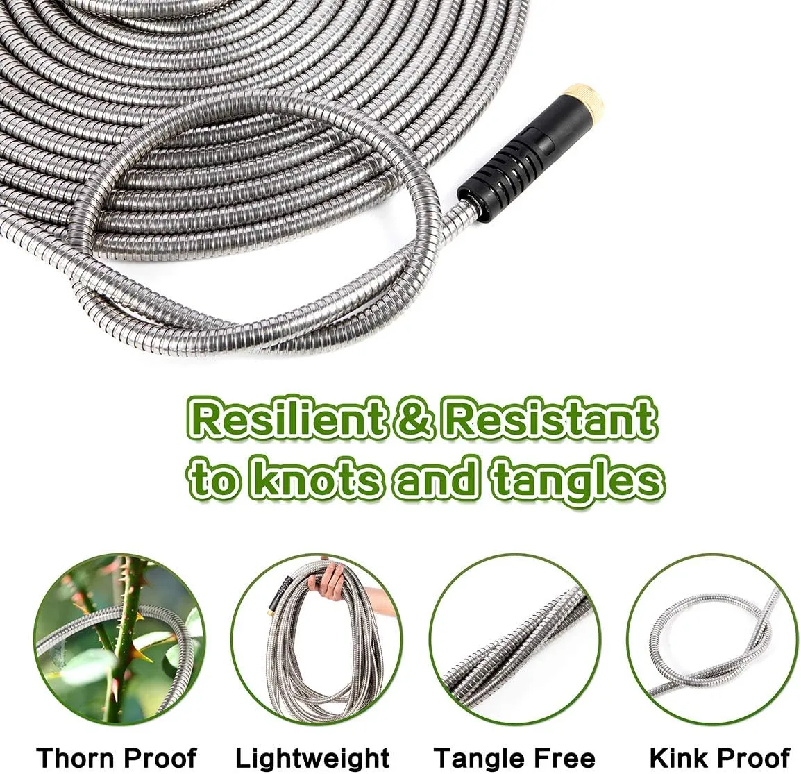 Flexible Metal Garden Hose 50ft-Heavy Duty Water Hose with Durable 304 Stainless Steel and 10 Way Spray Nozzle-Strong 3/4'' Solid Brass Fitting-Outdoor Yard No Kink Lightweight Hose Pipe