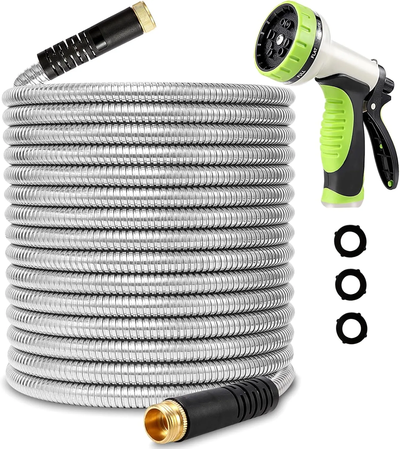 Flexible Metal Garden Hose 50ft-Heavy Duty Water Hose with Durable 304 Stainless Steel and 10 Way Spray Nozzle-Strong 3/4'' Solid Brass Fitting-Outdoor Yard No Kink Lightweight Hose Pipe