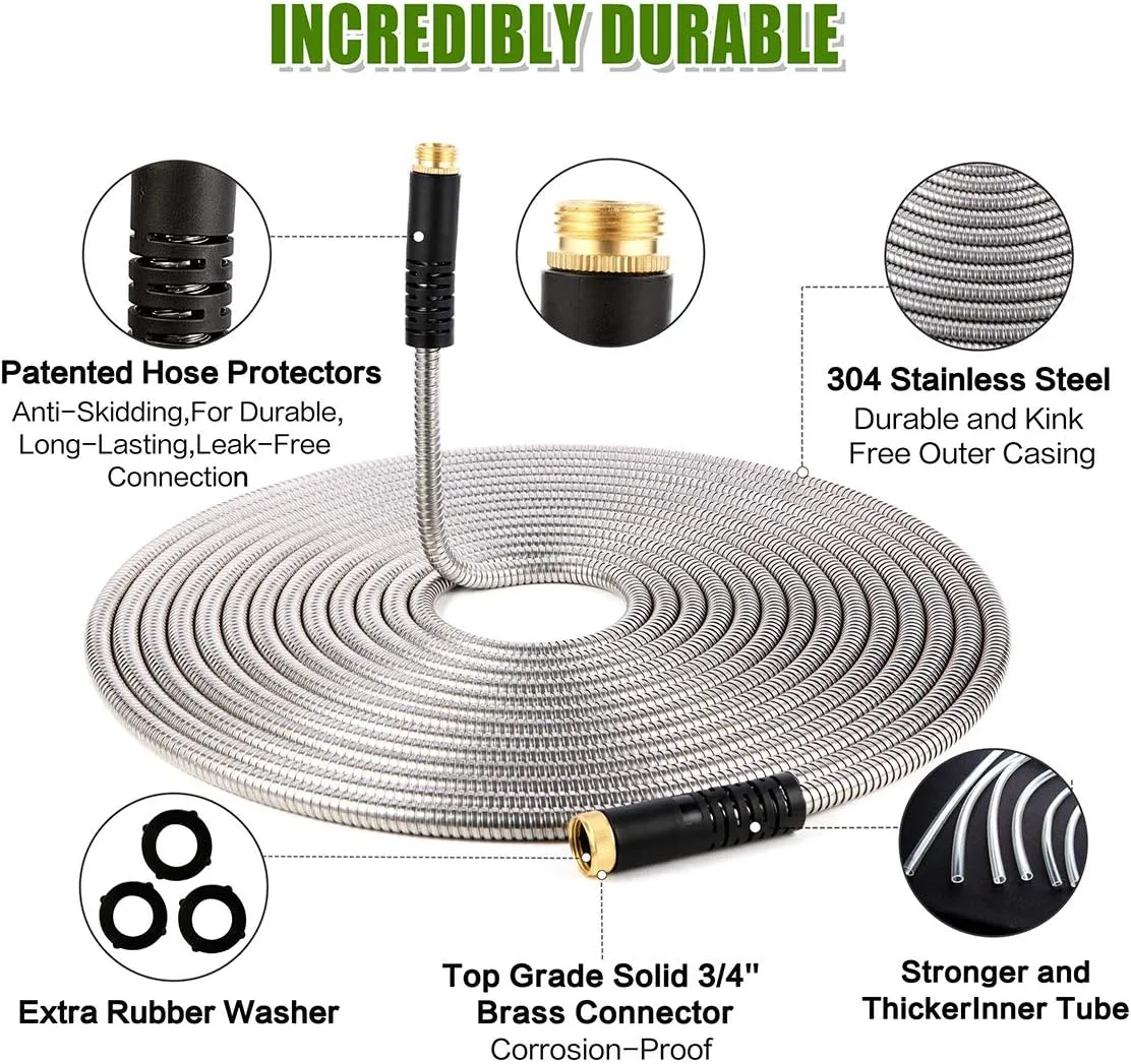 Flexible Metal Garden Hose 50ft-Heavy Duty Water Hose with Durable 304 Stainless Steel and 10 Way Spray Nozzle-Strong 3/4'' Solid Brass Fitting-Outdoor Yard No Kink Lightweight Hose Pipe