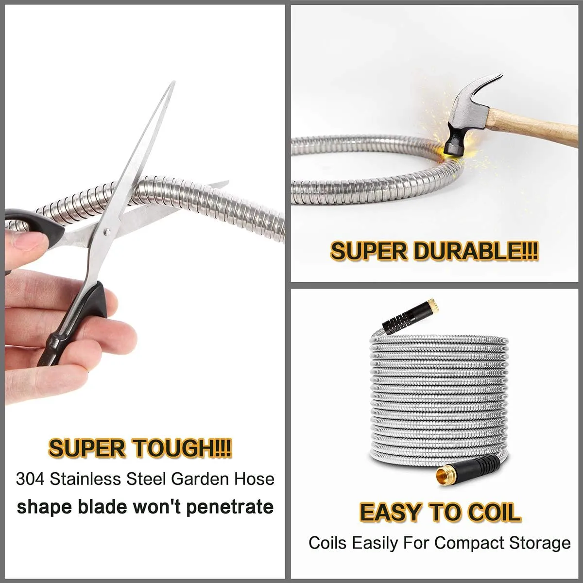 Flexible Metal Garden Hose 50ft-Heavy Duty Water Hose with Durable 304 Stainless Steel and 10 Way Spray Nozzle-Strong 3/4'' Solid Brass Fitting-Outdoor Yard No Kink Lightweight Hose Pipe