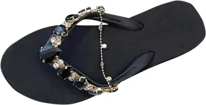Flip Flops for Women Travel Rhinestone Sandals T-Strap Bohemian Vacation Shoes Pearl Crystal Flat Sandals