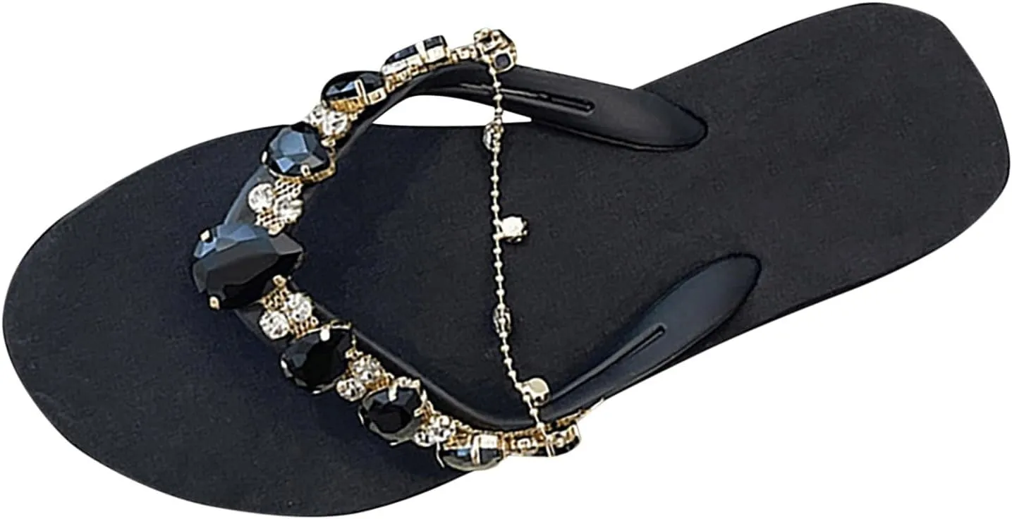Flip Flops for Women Travel Rhinestone Sandals T-Strap Bohemian Vacation Shoes Pearl Crystal Flat Sandals