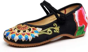 Floral Handmade Embroidered Shoes for Women Comfortable Loafer Black Casual Round Toe Mary Jane Ballet Flats Shoes