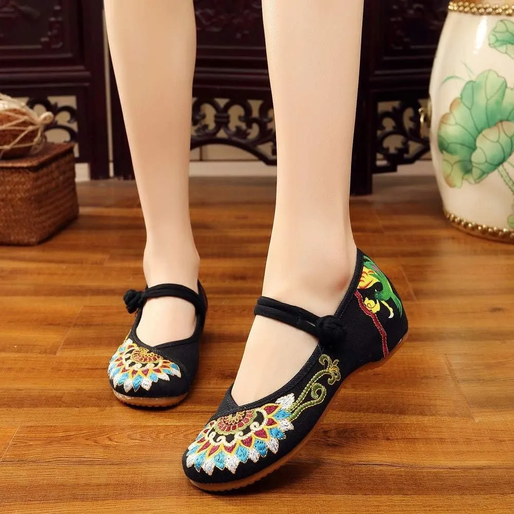Floral Handmade Embroidered Shoes for Women Comfortable Loafer Black Casual Round Toe Mary Jane Ballet Flats Shoes