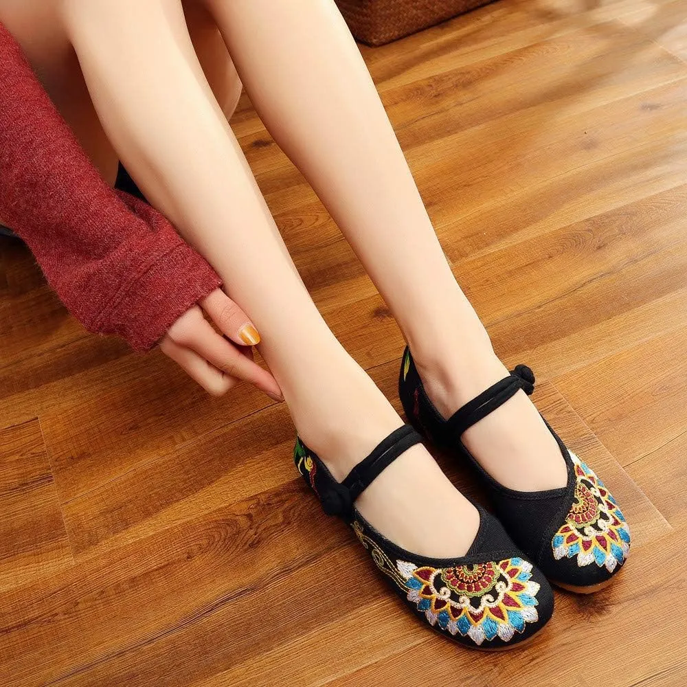 Floral Handmade Embroidered Shoes for Women Comfortable Loafer Black Casual Round Toe Mary Jane Ballet Flats Shoes