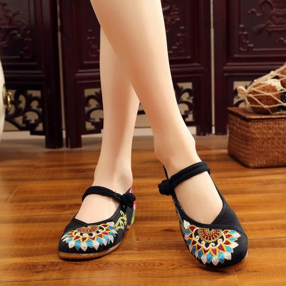 Floral Handmade Embroidered Shoes for Women Comfortable Loafer Black Casual Round Toe Mary Jane Ballet Flats Shoes