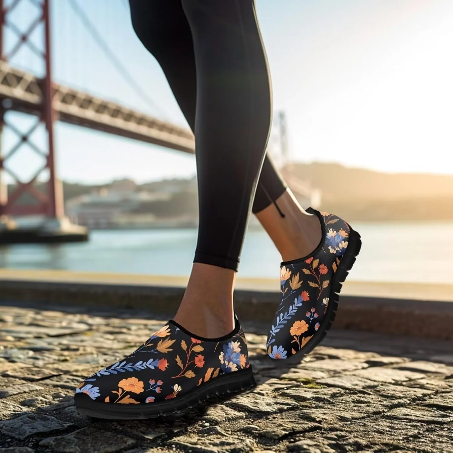 Flowers Casual House Shoes Breathable Mesh Sneakers for Women Comfort Soft Anti-Slip Shock Absorption EVA Sole Hiking Shoes for Outdoor Size 5.5-11.5 Black Sole