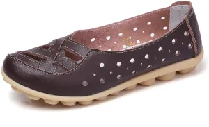 FolHaoth Women's Comfortable Leather Loafers Slip On Walking Flats Casual Round Toe Moccasins Wild Nurse Driving Breathable Fashion Soft Shoes