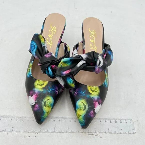 FOWT Black Floral Pointed Toe Slip On Mules with Bow Kitten Heel Dress Sandals