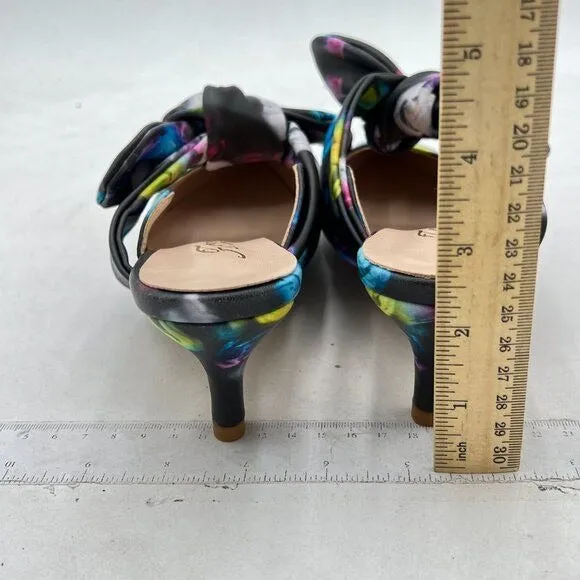 FOWT Black Floral Pointed Toe Slip On Mules with Bow Kitten Heel Dress Sandals