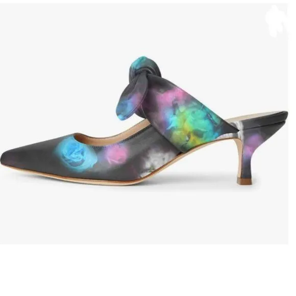 FOWT Black Floral Pointed Toe Slip On Mules with Bow Kitten Heel Dress Sandals