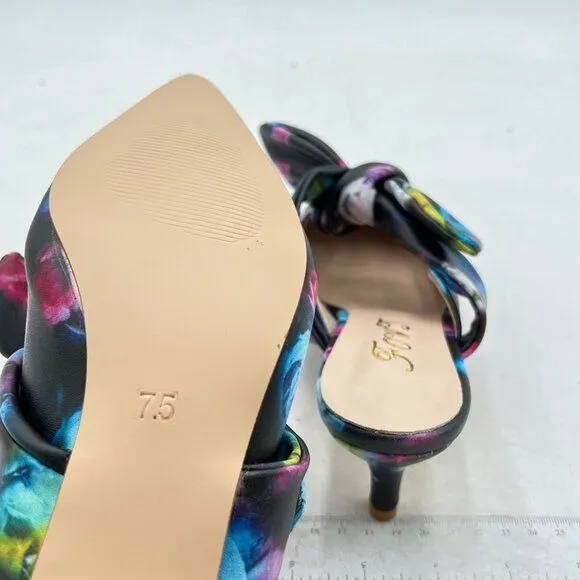 FOWT Black Floral Pointed Toe Slip On Mules with Bow Kitten Heel Dress Sandals