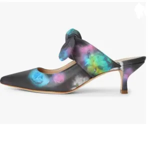 FOWT Black Floral Pointed Toe Slip On Mules with Bow Kitten Heel Dress Sandals