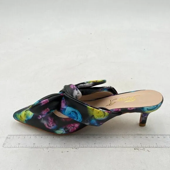 FOWT Black Floral Pointed Toe Slip On Mules with Bow Kitten Heel Dress Sandals