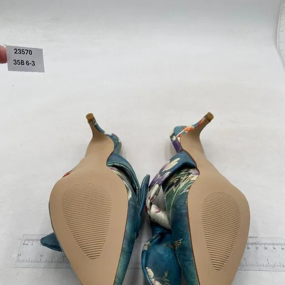 FOWT Pointed Toe Mules with Bow, Low Kitten Heel Backless Burnished Green Flower