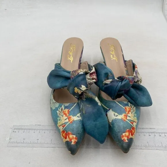 FOWT Pointed Toe Mules with Bow, Low Kitten Heel Backless Burnished Green Flower