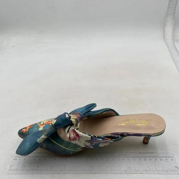 FOWT Pointed Toe Mules with Bow, Low Kitten Heel Backless Burnished Green Flower