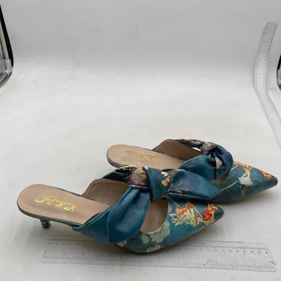 FOWT Pointed Toe Mules with Bow, Low Kitten Heel Backless Burnished Green Flower