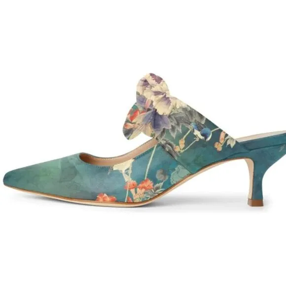 FOWT Pointed Toe Mules with Bow, Low Kitten Heel Backless Burnished Green Flower