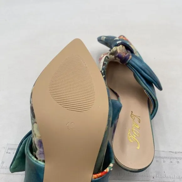 FOWT Pointed Toe Mules with Bow, Low Kitten Heel Backless Burnished Green Flower