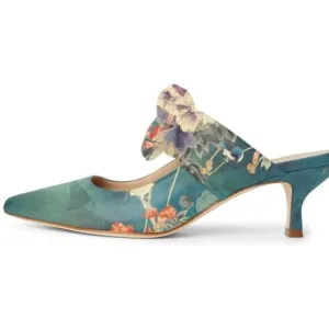 FOWT Pointed Toe Mules with Bow, Low Kitten Heel Backless Burnished Green Flower