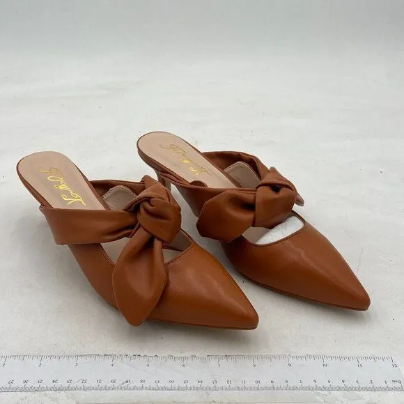 FOWT Pointed Toe Slip On Mules with Bow, Low Kitten Heel Backless Burnished Dres