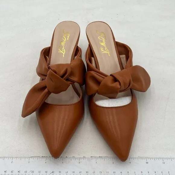 FOWT Pointed Toe Slip On Mules with Bow, Low Kitten Heel Backless Burnished Dres