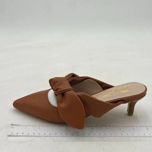FOWT Pointed Toe Slip On Mules with Bow, Low Kitten Heel Backless Burnished Dres