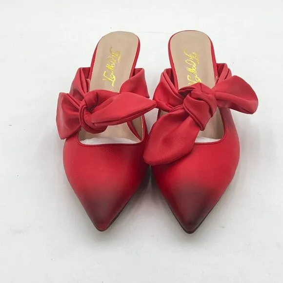 FOWT Red Burnished Pointed Toe Slip On Mules with Bow Kitten Heel Dress Sandals