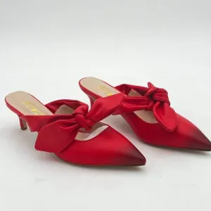FOWT Red Burnished Pointed Toe Slip On Mules with Bow Kitten Heel Dress Sandals