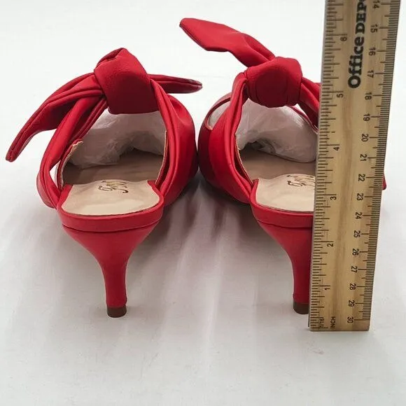 FOWT Red Burnished Pointed Toe Slip On Mules with Bow Kitten Heel Dress Sandals