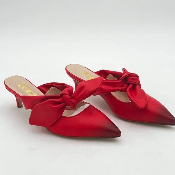 FOWT Red Burnished Pointed Toe Slip On Mules with Bow Kitten Heel Dress Sandals