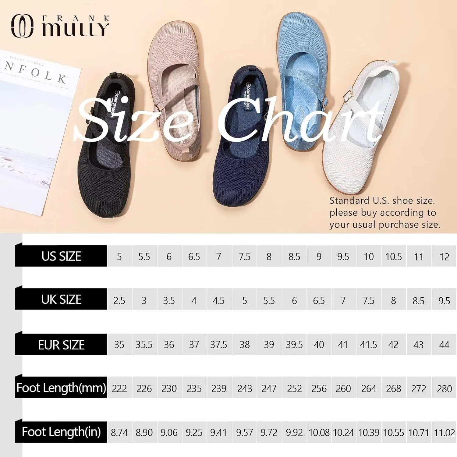 Frank Mully Women's Wide Width Flats Mary Jane Flat Comofortable Knit Ballet Flat Wide Toe Box Dress Shoes with Adjustable Straps