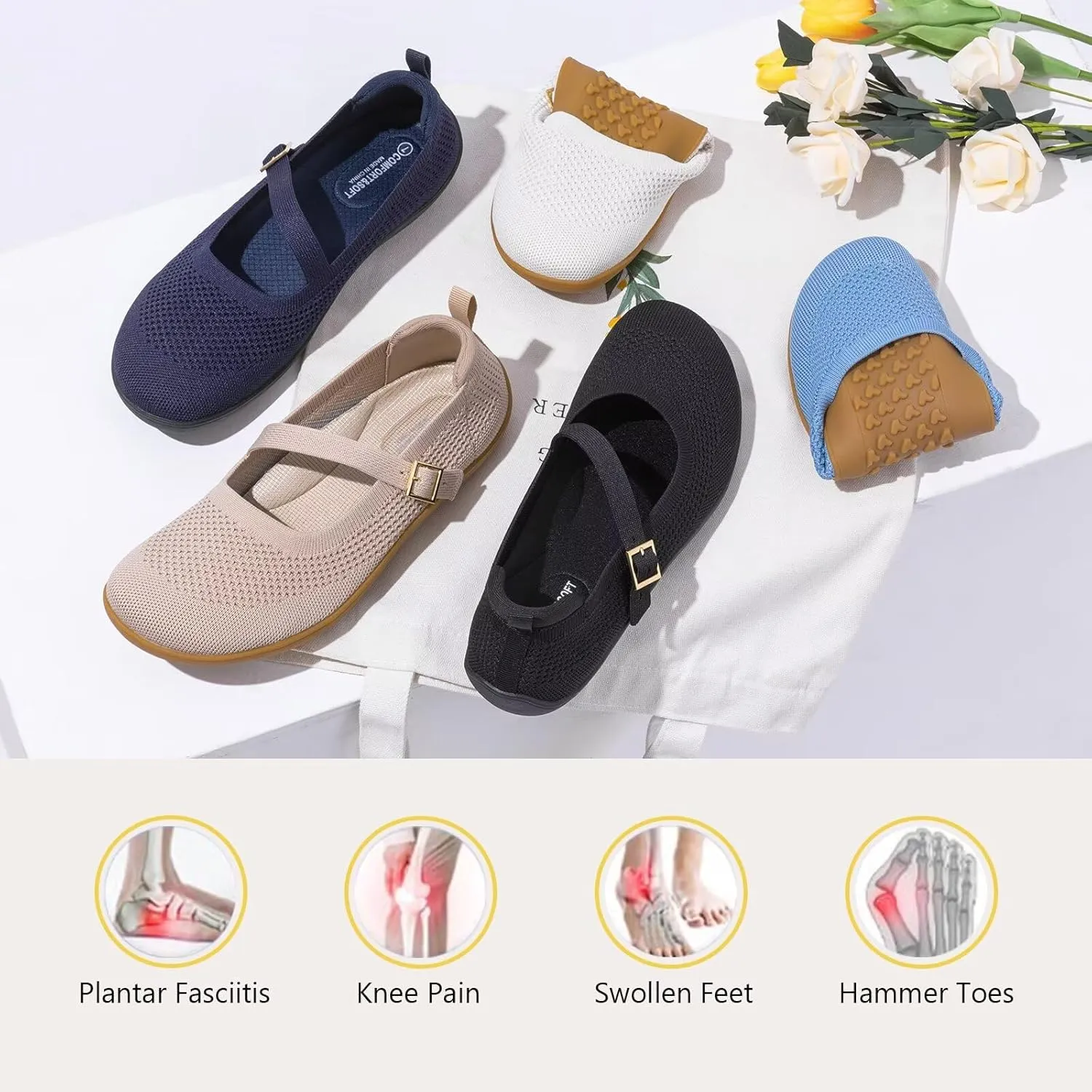 Frank Mully Women's Wide Width Flats Mary Jane Flat Comofortable Knit Ballet Flat Wide Toe Box Dress Shoes with Adjustable Straps