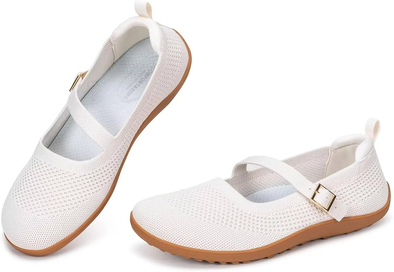 Frank Mully Women's Wide Width Flats Mary Jane Flat Comofortable Knit Ballet Flat Wide Toe Box Dress Shoes with Adjustable Straps