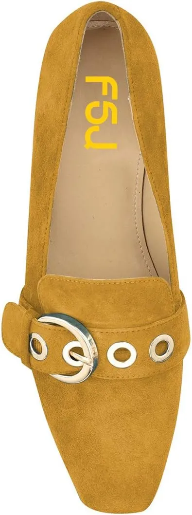 FSJ Women Squared Toe Loafers Comfort Slip On Flats Block Chunky Low Heel Buckle Decor Casual Dress Work Office Shoes Size 4-15 US