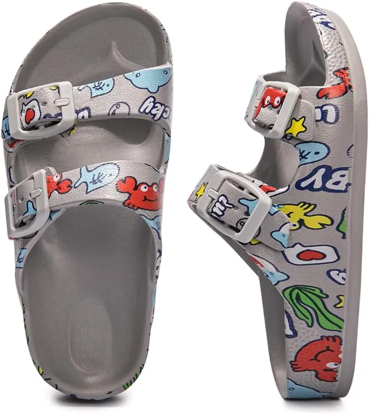 FUNKYMONKEY Unisex-Child Slides Double Buckle Adjustable EVA Flat Sandals for Boys Girls