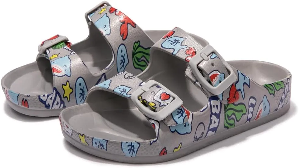 FUNKYMONKEY Unisex-Child Slides Double Buckle Adjustable EVA Flat Sandals for Boys Girls