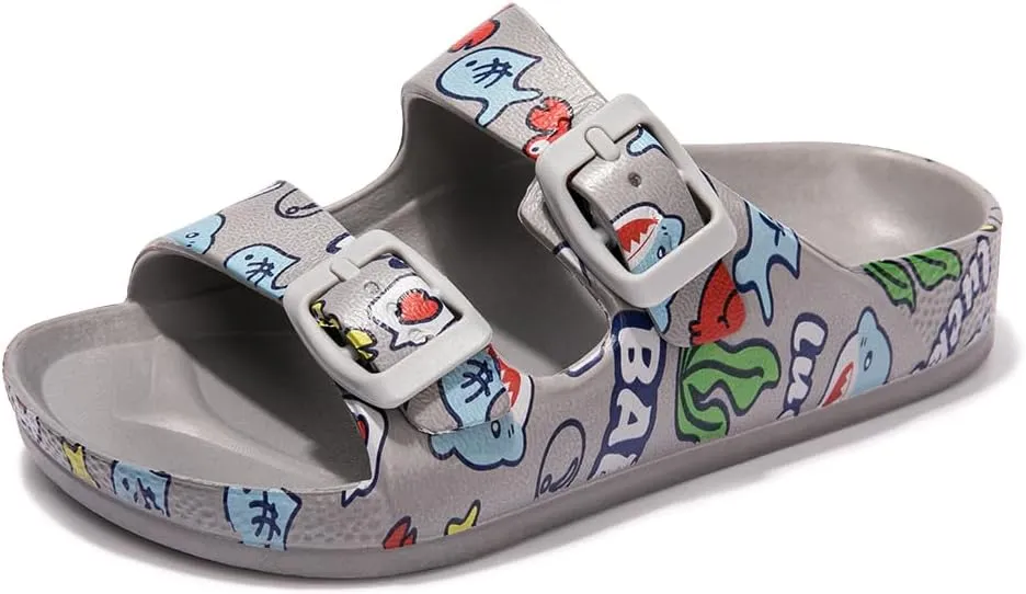 FUNKYMONKEY Unisex-Child Slides Double Buckle Adjustable EVA Flat Sandals for Boys Girls
