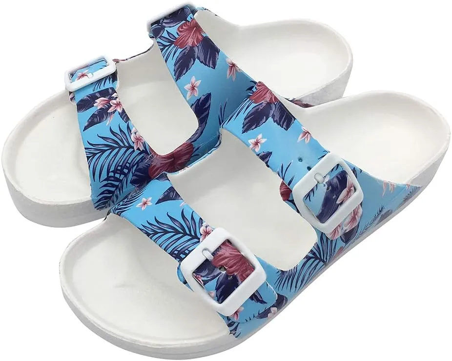 FUNKYMONKEY Women's Comfort Slides Double Buckle Adjustable Plastics Flat Sandals