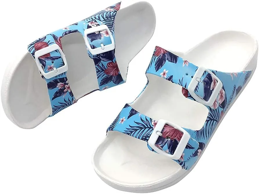 FUNKYMONKEY Women's Comfort Slides Double Buckle Adjustable Plastics Flat Sandals