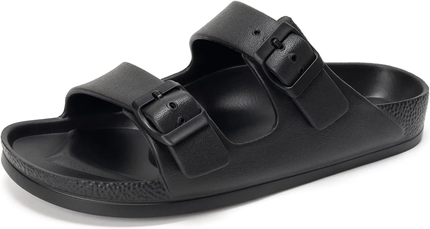 FUNKYMONKEY Women's Comfort Slides Double Buckle Adjustable Plastics Flat Sandals