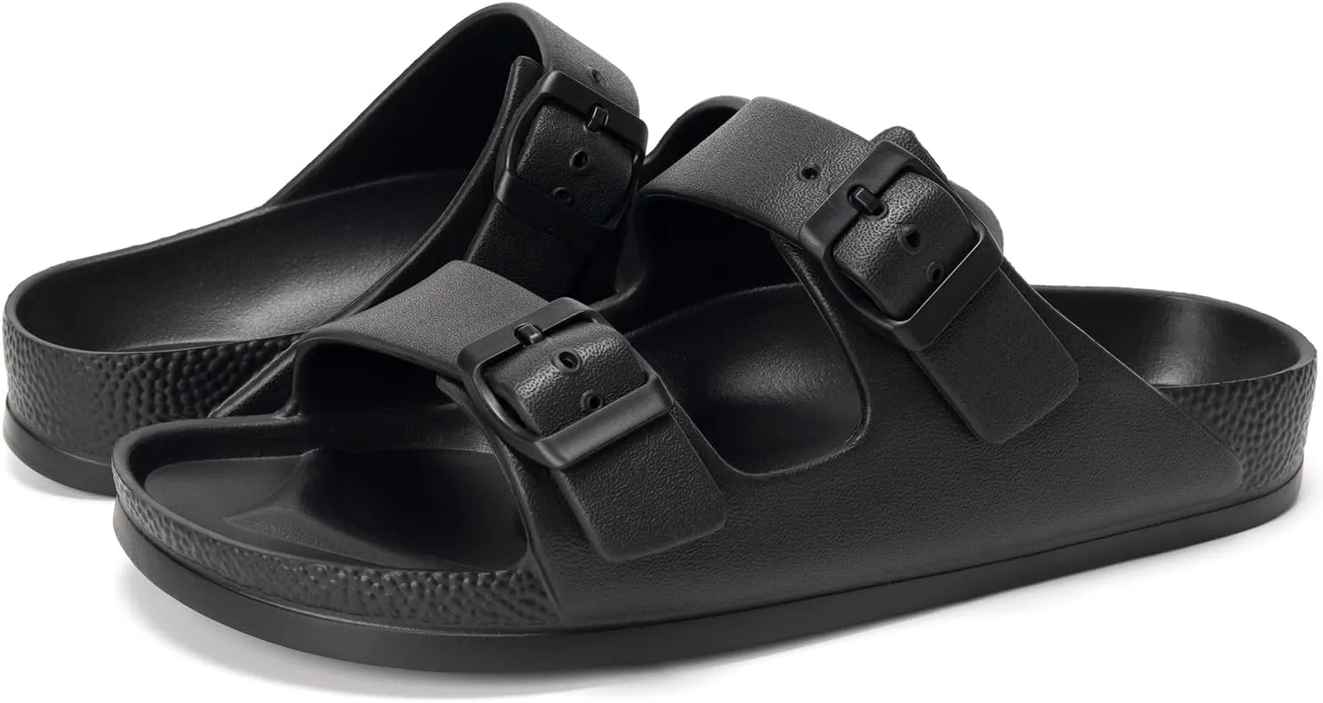 FUNKYMONKEY Women's Comfort Slides Double Buckle Adjustable Plastics Flat Sandals